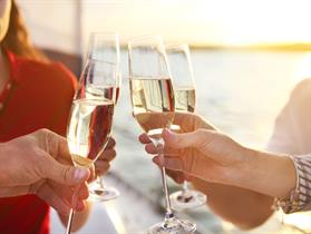 a group of people with glasses of champagne on a boat