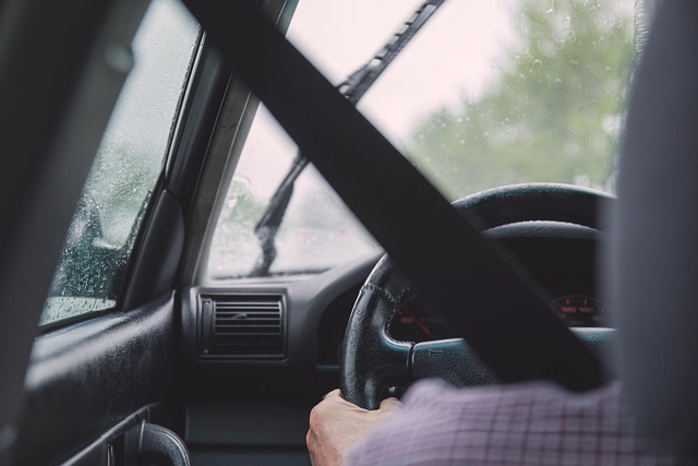 Image from perspective of the back seat looking at a driver with seatbelt on and hand on the wheel.