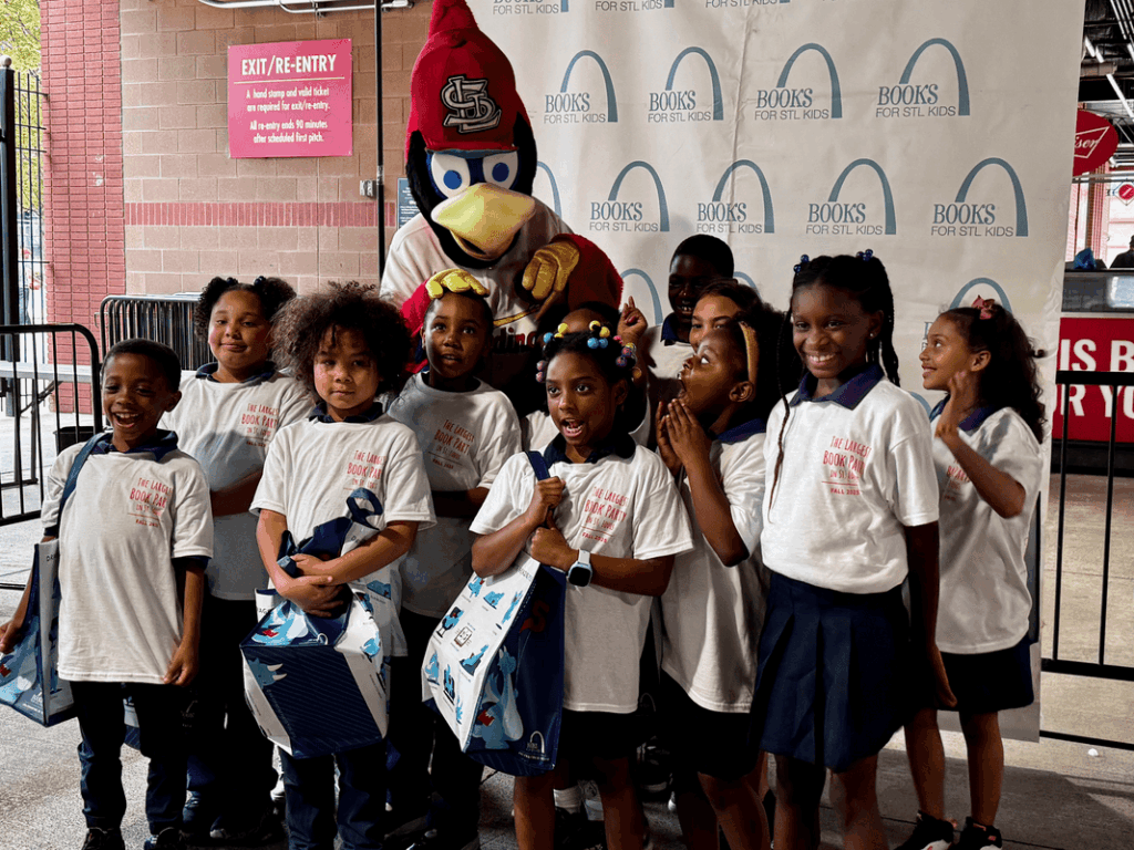 Kids at Books for STL with Cardinal's mascot