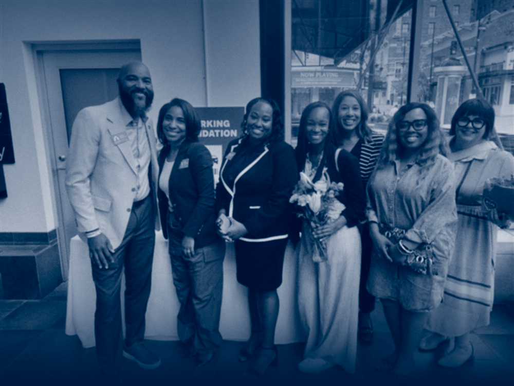 People smiling with blue filter