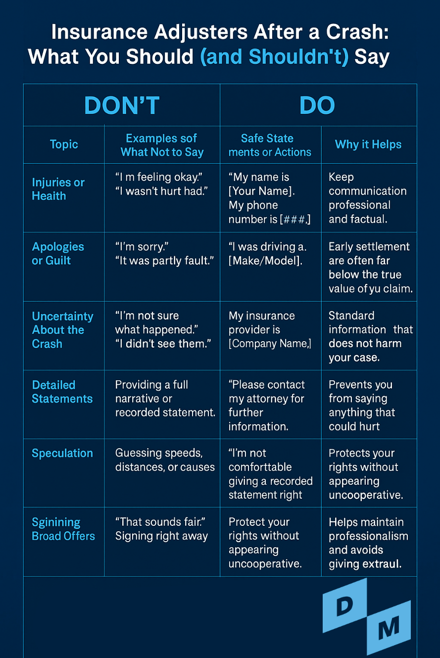 Insurance Adjusters After a Crash: What You Should (and Shouldn't) Say infographic for DM Injury Law