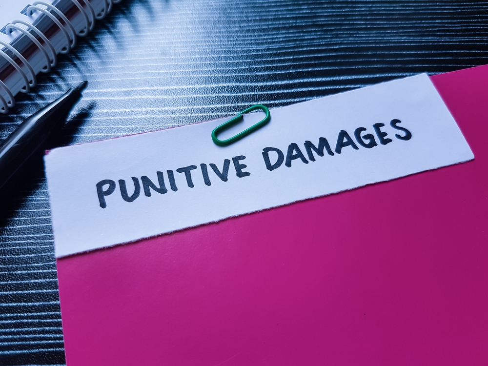 A pink folder labeled “Punitive Damages” on a desk with a pen and notebook nearby, reflecting how these claims can arise in Missouri Drunk Driving Cases.